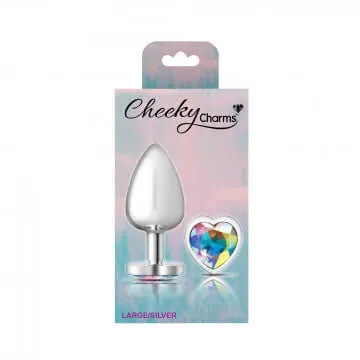 Anal Viben Cheeky Charms Heart Clear Iridescent Large Silver Butt Plug