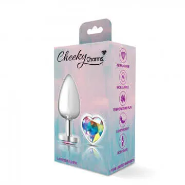 Anal Viben Cheeky Charms Heart Clear Iridescent Large Silver Butt Plug