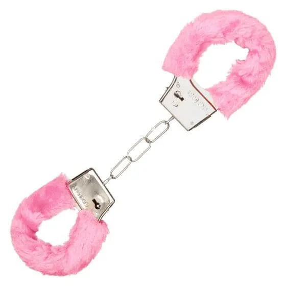 California Exotic Novelties Couples Playful Furry Cuffs Pink Metal Handcuffs with Faux Fur 2 Keys BuiltIn Release Button