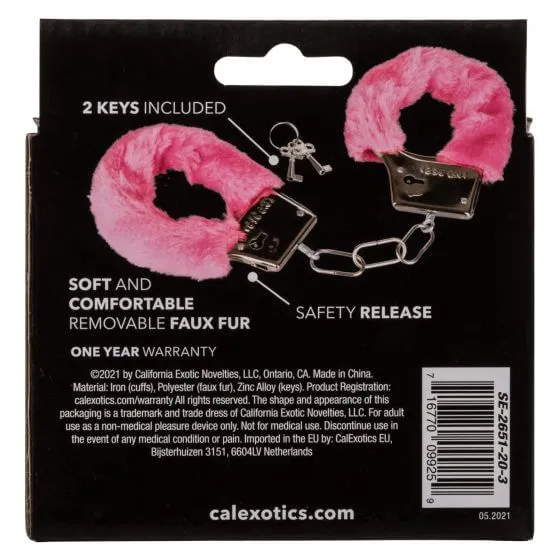 California Exotic Novelties Couples Playful Furry Cuffs Pink Metal Handcuffs with Faux Fur 2 Keys BuiltIn Release Button