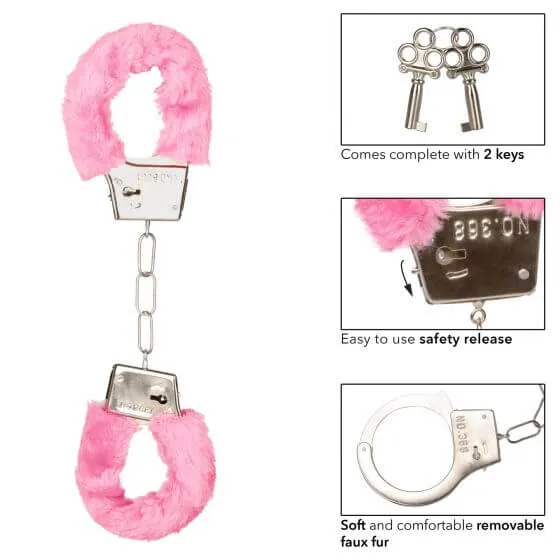 California Exotic Novelties Couples Playful Furry Cuffs Pink Metal Handcuffs with Faux Fur 2 Keys BuiltIn Release Button