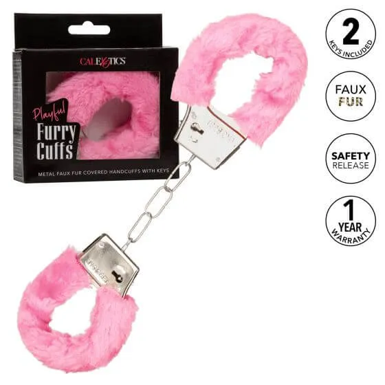 California Exotic Novelties Couples Playful Furry Cuffs Pink Metal Handcuffs with Faux Fur 2 Keys BuiltIn Release Button