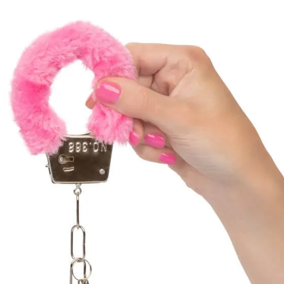 California Exotic Novelties Couples Playful Furry Cuffs Pink Metal Handcuffs with Faux Fur 2 Keys BuiltIn Release Button