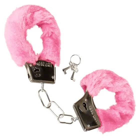 California Exotic Novelties Couples Playful Furry Cuffs Pink Metal Handcuffs with Faux Fur 2 Keys BuiltIn Release Button