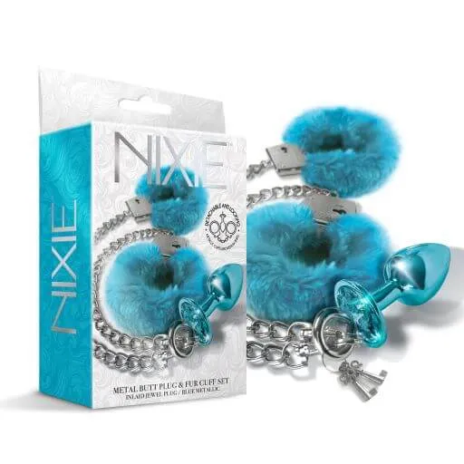 Global Novelties Anal Nixie Metal Plug and Furry Cuff Set Blue Detachable and Locking Handcuffs