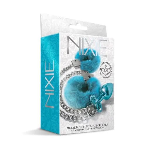 Global Novelties Anal Nixie Metal Plug and Furry Cuff Set Blue Detachable and Locking Handcuffs