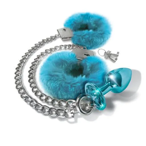 Global Novelties Anal Nixie Metal Plug and Furry Cuff Set Blue Detachable and Locking Handcuffs