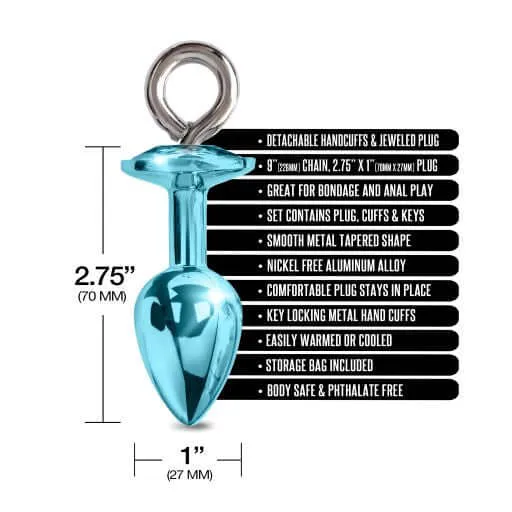 Global Novelties Anal Nixie Metal Plug and Furry Cuff Set Blue Detachable and Locking Handcuffs