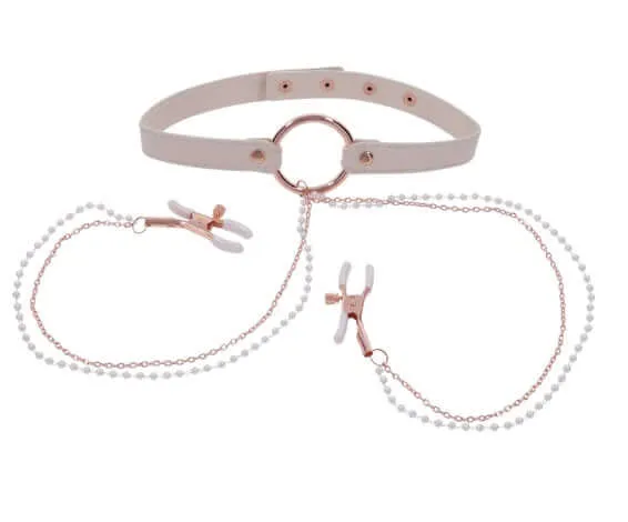 Peaches n CreaMe Collar with Nipple Clamps Playful Peach Rose Gold Hardware Sport Sheets Female Sex Toys