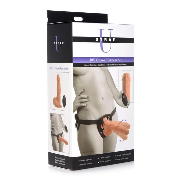10x Groove Harness With Vibrating Rotating Dildo Flesh Xr Brands Strap U Female Sex Toys