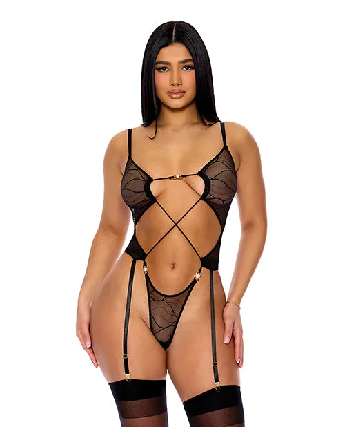 Forplay INC Anal Pull My Strings Sheer Mesh Teddy with Garters Faux Pearl Details Black Forplay INC Anal Pull My Strings Sheer Mesh Teddy with Garters Faux Pearl Details Black