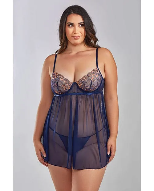 iCollection Lingerie Couples Jennie Cross Dyed Galloon Lace Mesh Babydoll Navy