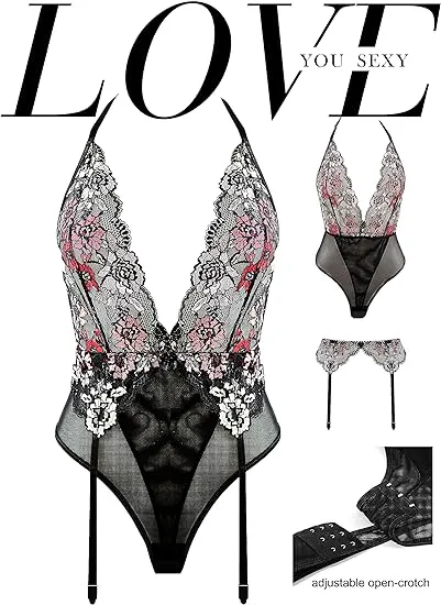 LOVE YOU SEXY Anal Women Sexy Lingerie Set 2 pcs set Mesh Bodysuit and Lace Garter belt Teddy Lingerie