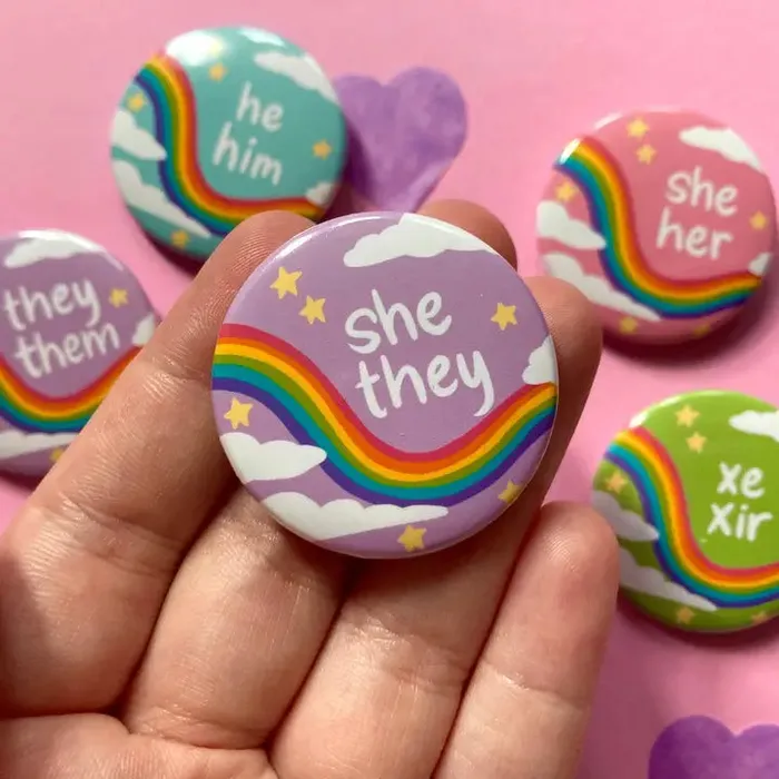 Pastel Pronoun Button with Rainbow Pocalyptic Female Sex Toys