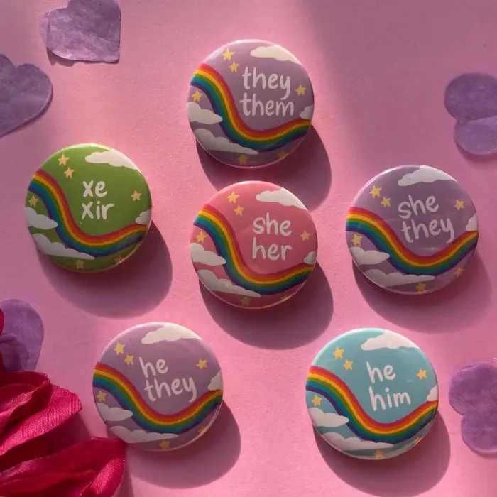 Pastel Pronoun Button with Rainbow Pocalyptic Female Sex Toys