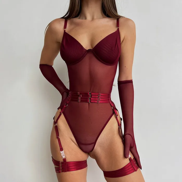 Teddies And Bodies Wine Red Lace Bodysuit Mesh Bustier Set With Gloves honeysx