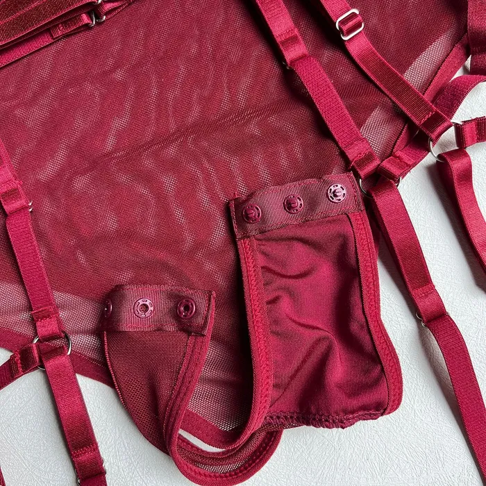 Teddies And Bodies Wine Red Lace Bodysuit Mesh Bustier Set With Gloves honeysx