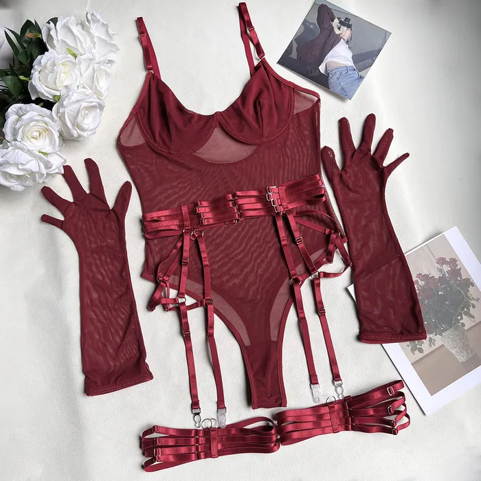 Teddies And Bodies Wine Red Lace Bodysuit Mesh Bustier Set With Gloves honeysx