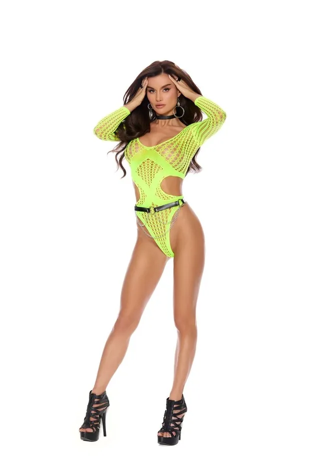 Long Sleeve Crochet Teddy One Size Chartreuse Elegant Moments Male Sex Toys